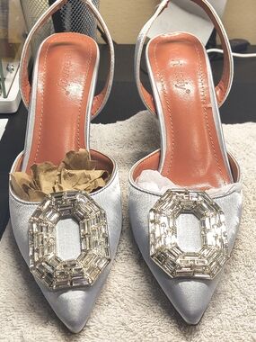 Vertundy Silver Satin Rhinestone Slingback Heels Women’s Pointed Toe Pumps